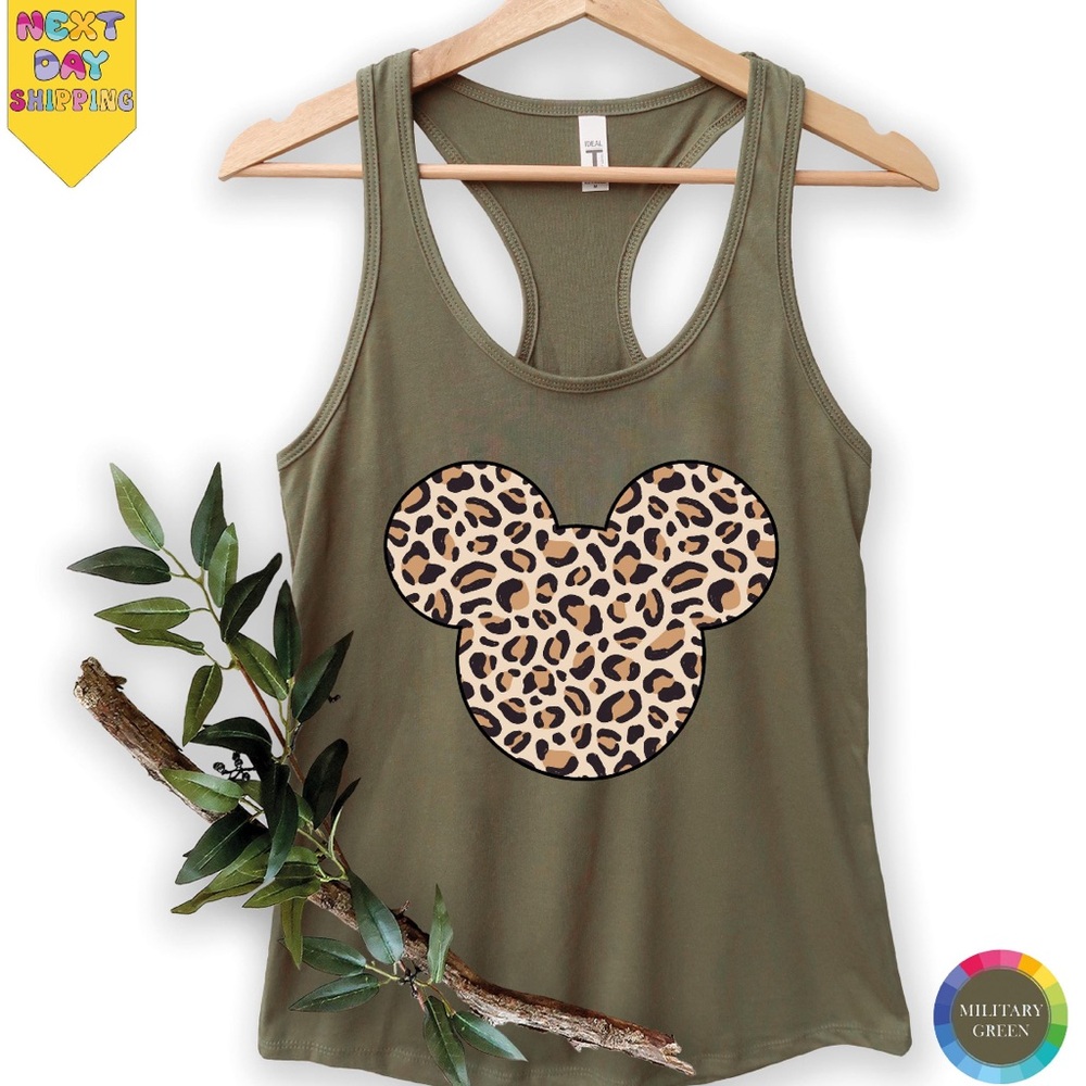 Bella Canvas Olive Green Tank with Leopard cheetah Mickey Minnie DISNEY